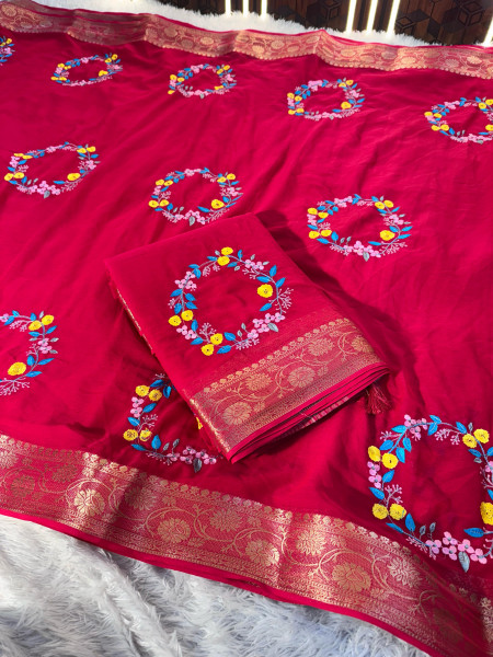 Premium Chiffon Silk Resham Embroidery Work Saree With Latkans