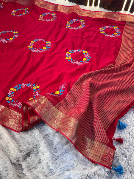 Premium Chiffon Silk Resham Embroidery Work Saree With Latkans