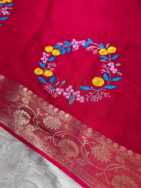 Premium Chiffon Silk Resham Embroidery Work Saree With Latkans