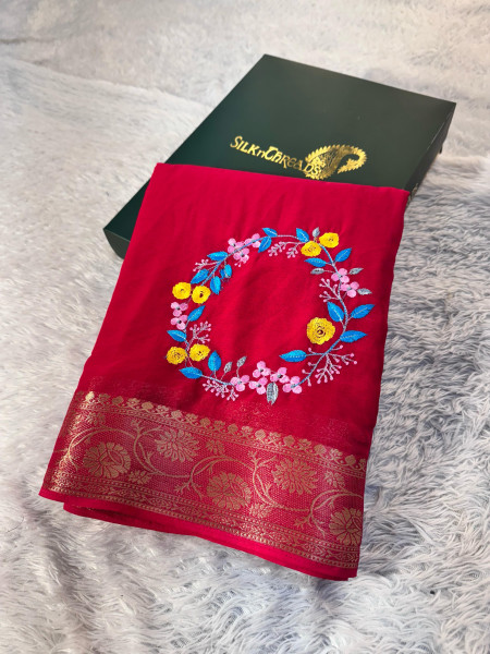 Premium Chiffon Silk Resham Embroidery Work Saree With Latkans