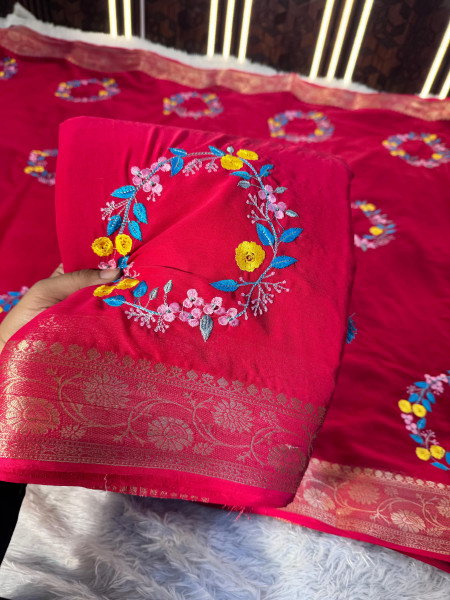 Premium Chiffon Silk Resham Embroidery Work Saree With Latkans