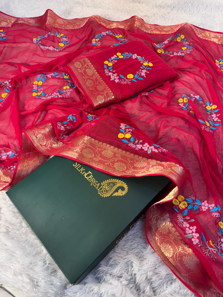 Image of Premium Chiffon Silk Resham Embroidery Work Saree With Latkans