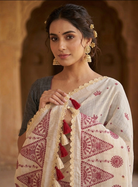 Kota Doria Checks Resham Embroidery Saree with Resham Lace