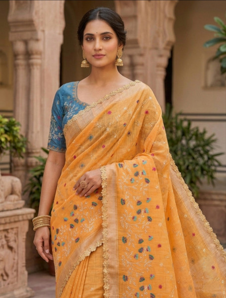 Kota Doria Checks Resham Embroidery Saree with Resham Lace