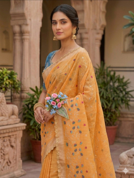 Kota Doria Checks Resham Embroidery Saree with Resham Lace