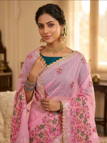 Kota Doria Checks Resham Embroidery Saree with Resham Lace