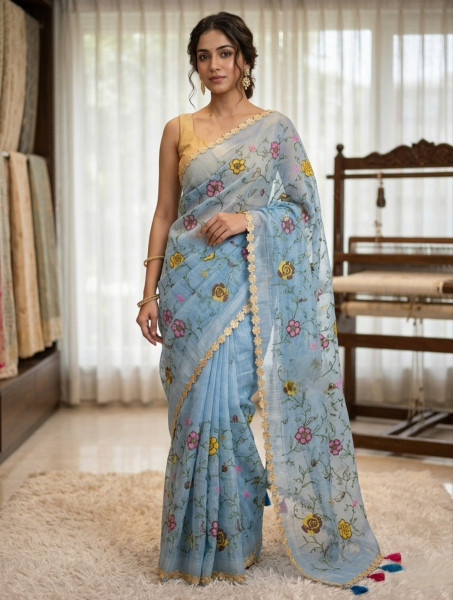 Kota Doria Checks Resham Embroidery Saree with Resham Lace