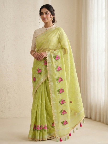 Kota Doria Checks Resham Embroidery Saree with Resham Lace