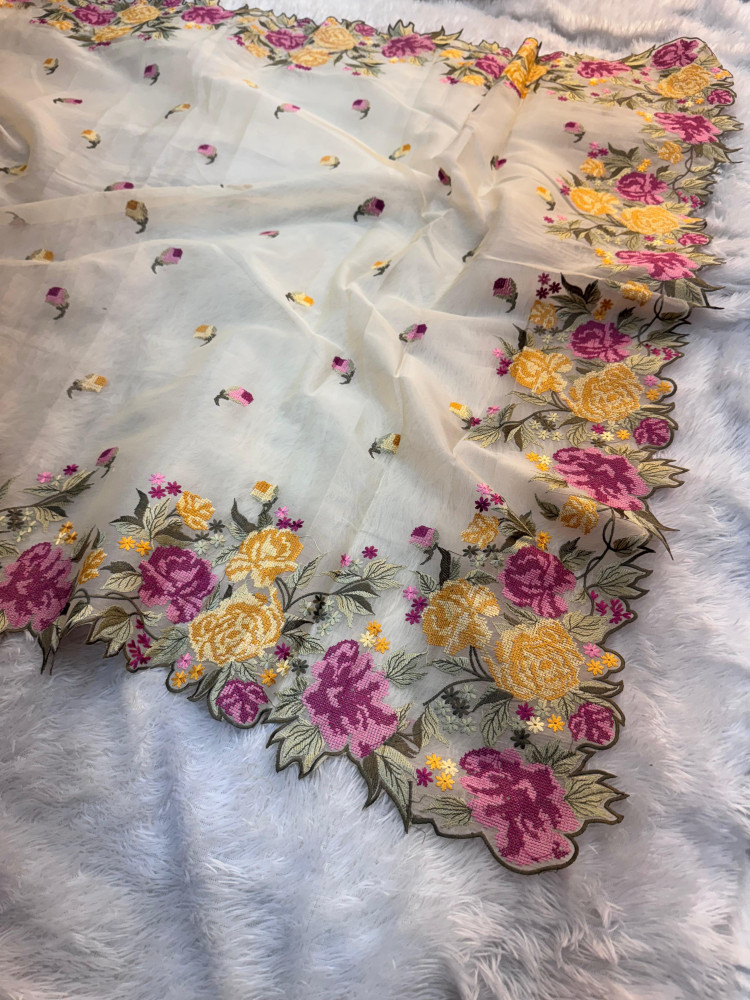 Image of Semi Pure Silk Resham Embroidery Work Saree With Designer Embroidery Pallu