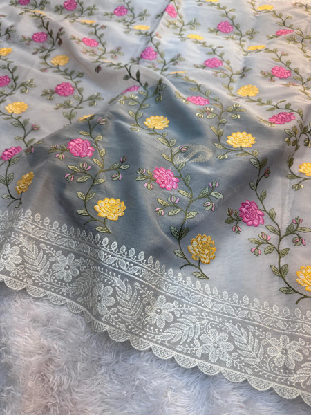 Semi Pure Silk Resham Embroidery Work Saree With Designer Embroidery Pallu