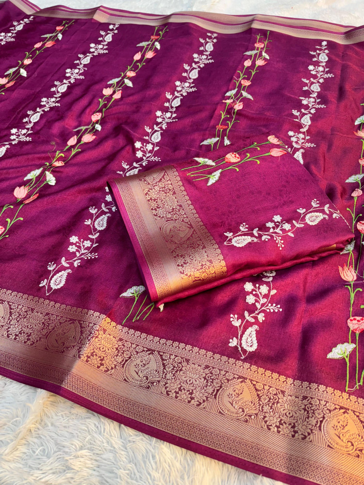 Image of Premium Chinnon Silk Saree with Resham Embroidery Work