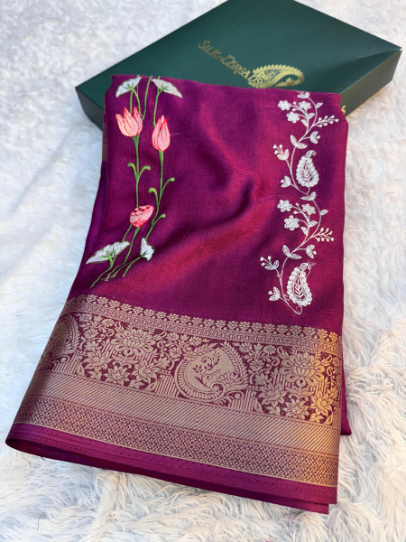 Premium Chinnon Silk Saree with Resham Embroidery Work