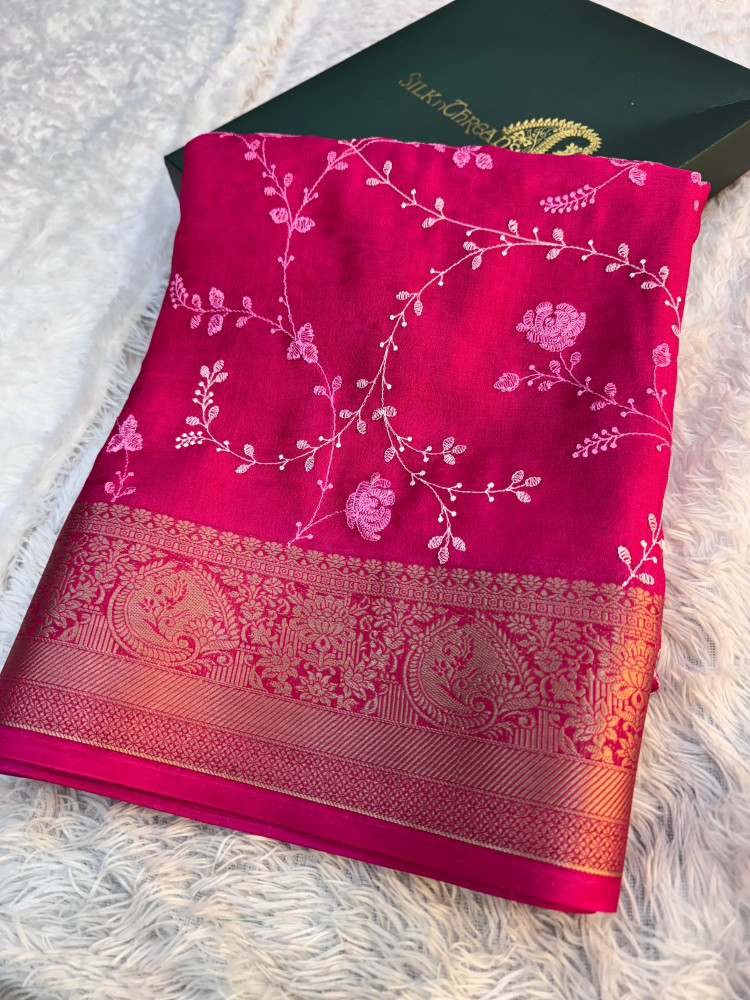 Image of Premium Chinnon Silk Saree with Resham Embroidery Work