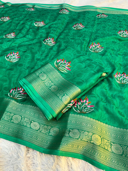 Premium Chinnon Silk Saree with Resham Embroidery Work
