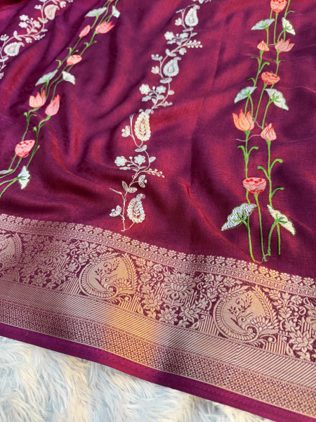 Premium Chinnon Silk Saree with Resham Embroidery Work