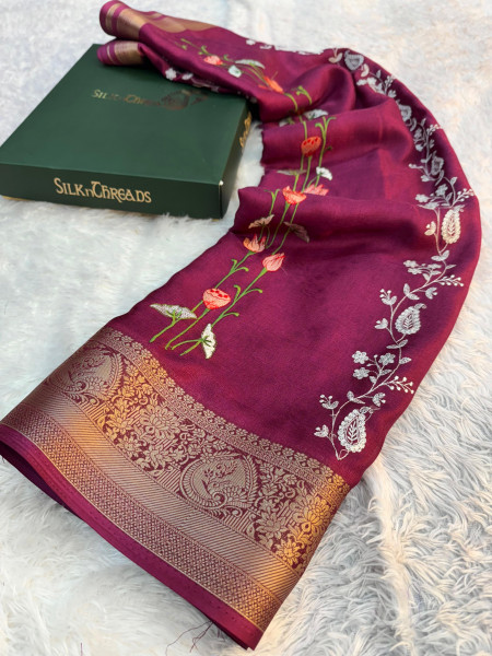 Premium Chinnon Silk Saree with Resham Embroidery Work