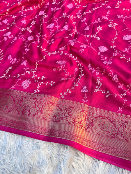 Premium Chinnon Silk Saree with Resham Embroidery Work