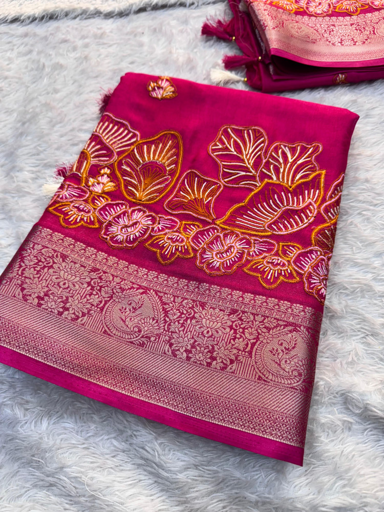 Image of Premium Chinnon Silk Saree with Resham Embroidery Work