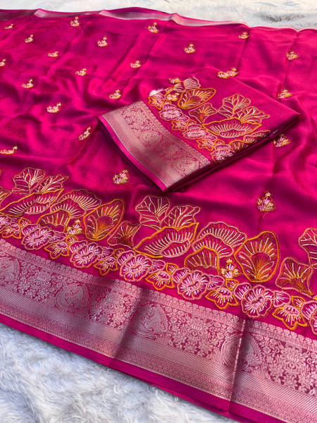 Premium Chinnon Silk Saree with Resham Embroidery Work