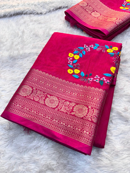 Premium Chinnon Silk Saree with Resham Embroidery Work