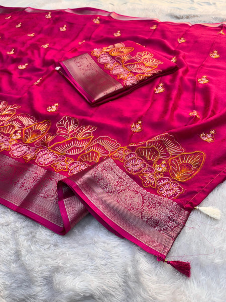 Premium Chinnon Silk Saree with Resham Embroidery Work