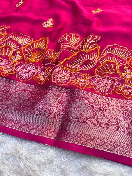Premium Chinnon Silk Saree with Resham Embroidery Work