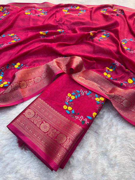 Premium Chinnon Silk Saree with Resham Embroidery Work