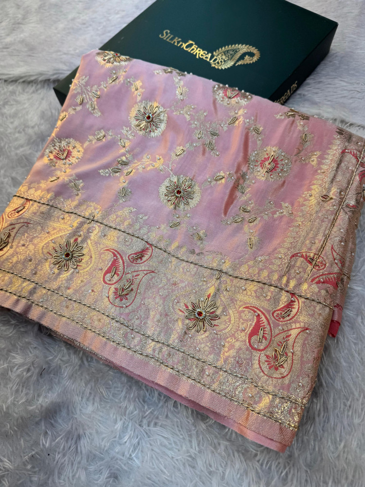 Image of Banarasi Satin Silk Zardozi Handwork Work Dual Tone Saree