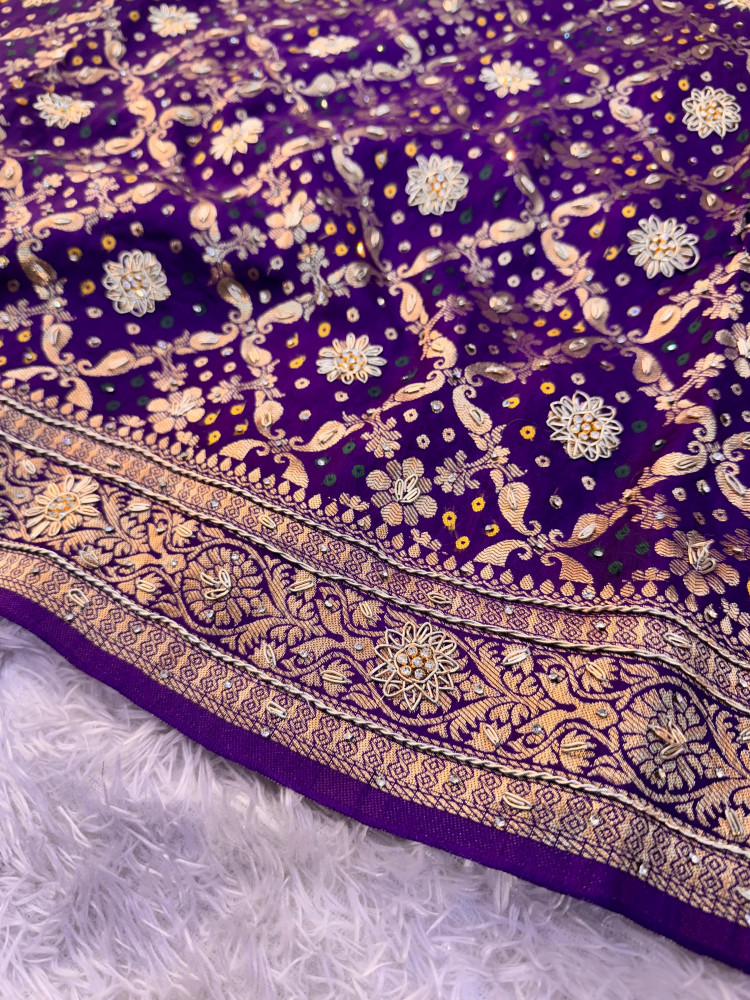 Image of Pure Viscose Silk Banarasi Zardozi Handwork Work Bandhani Saree