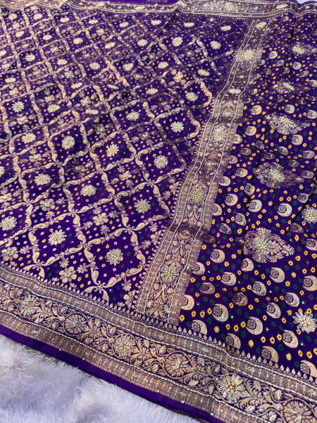 Pure Viscose Silk Banarasi Zardozi Handwork Work Bandhani Saree
