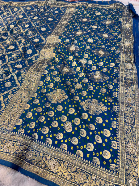Pure Viscose Silk Banarasi Zardozi Handwork Work Bandhani Saree