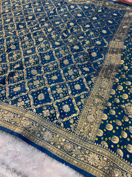 Pure Viscose Silk Banarasi Zardozi Handwork Work Bandhani Saree