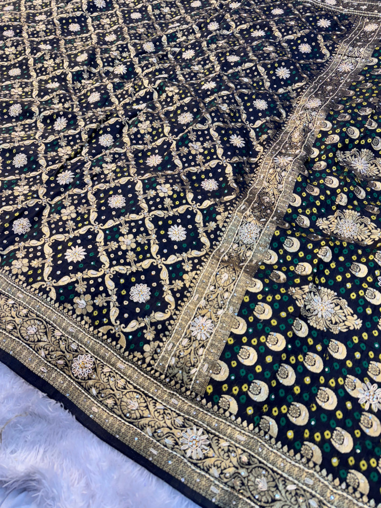 Image of Pure Viscose Silk Banarasi Zardozi Handwork Work Bandhani Saree