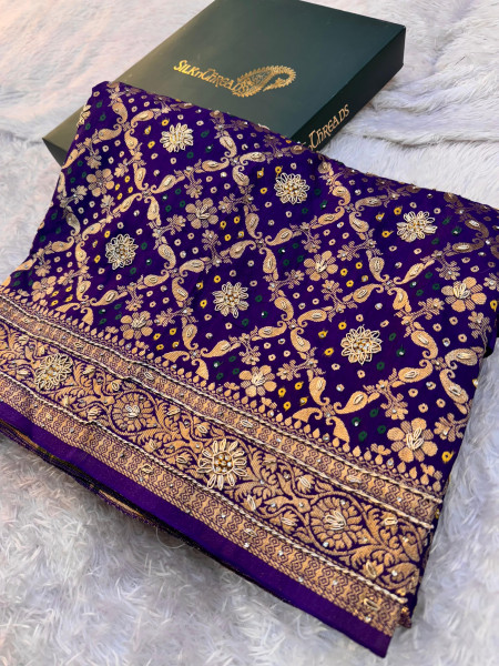 Pure Viscose Silk Banarasi Zardozi Handwork Work Bandhani Saree