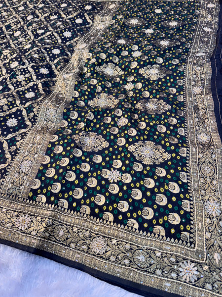 Pure Viscose Silk Banarasi Zardozi Handwork Work Bandhani Saree