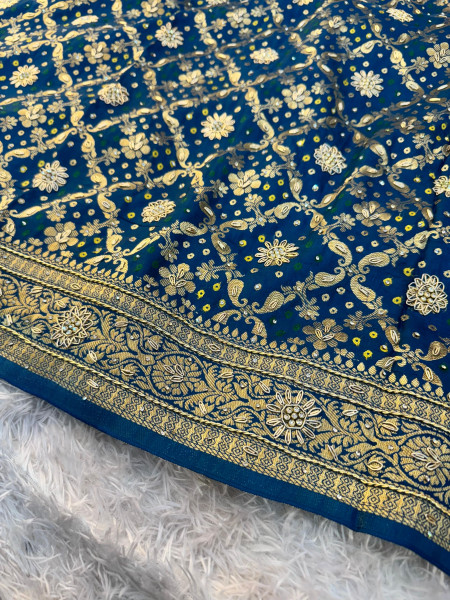 Pure Viscose Silk Banarasi Zardozi Handwork Work Bandhani Saree