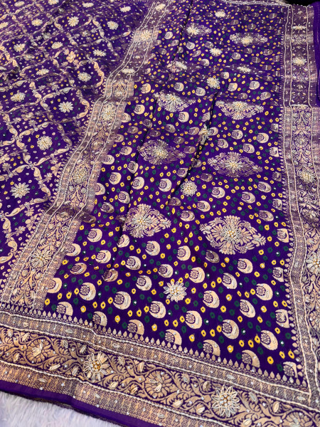 Pure Viscose Silk Banarasi Zardozi Handwork Work Bandhani Saree