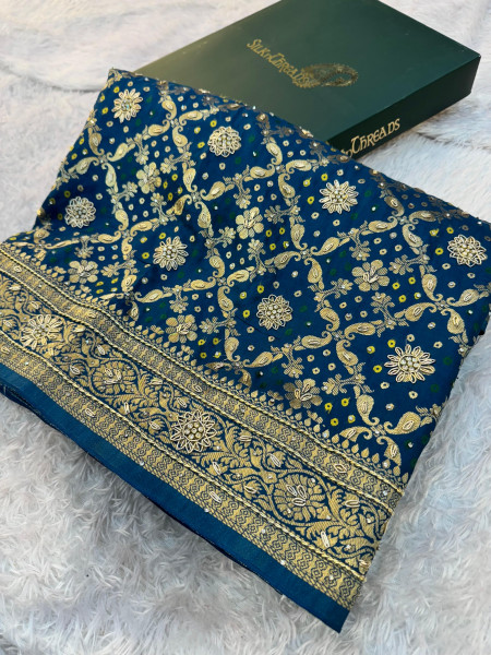 Pure Viscose Silk Banarasi Zardozi Handwork Work Bandhani Saree