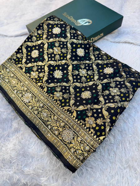 Pure Viscose Silk Banarasi Zardozi Handwork Work Bandhani Saree
