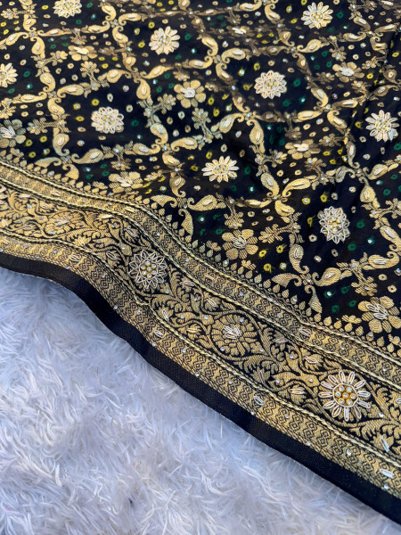 Pure Viscose Silk Banarasi Zardozi Handwork Work Bandhani Saree