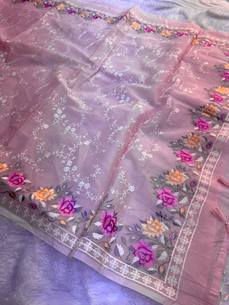 Semi Pure Silk Resham Embroidery Work Saree With Designer Embroidery Pallu