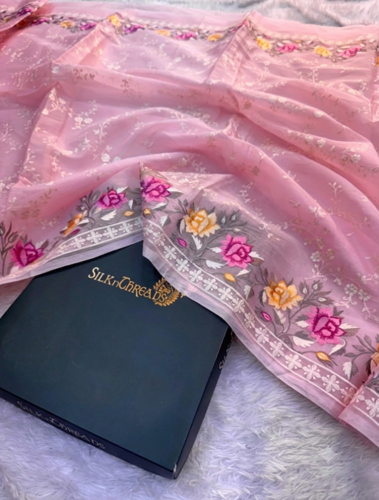Image of Semi Pure Silk Resham Embroidery Work Saree With Designer Embroidery Pallu