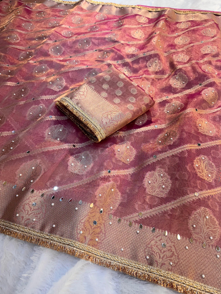 Image of Premium Tissue Silk Saree with Hand Mirror And Moti Work