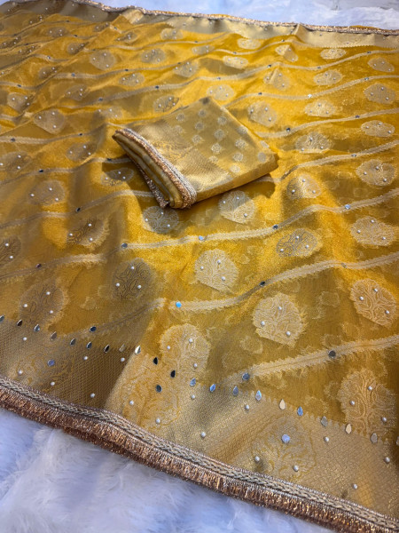 Premium Tissue Silk Saree with Hand Mirror And Moti Work