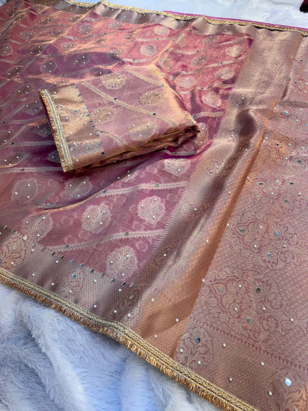 Premium Tissue Silk Saree with Hand Mirror And Moti Work