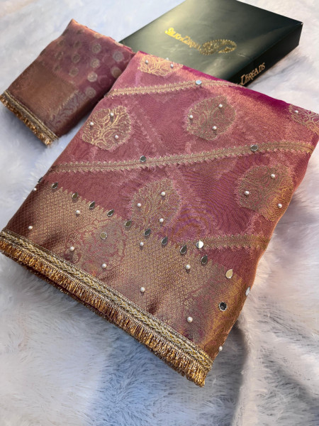 Premium Tissue Silk Saree with Hand Mirror And Moti Work