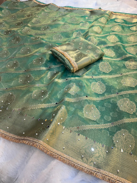 Premium Tissue Silk Saree with Hand Mirror And Moti Work