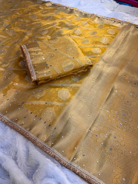 Premium Tissue Silk Saree with Hand Mirror And Moti Work