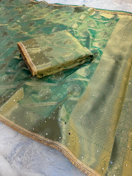 Premium Tissue Silk Saree with Hand Mirror And Moti Work