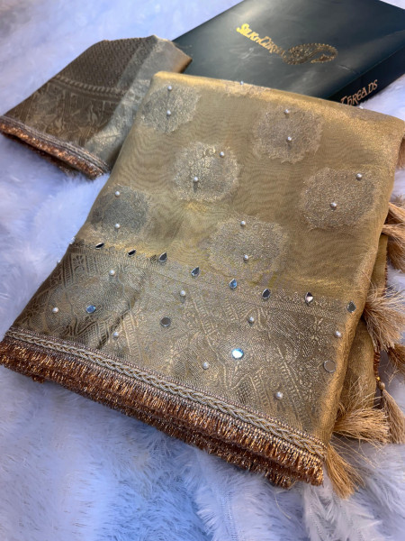 Premium Tissue Silk Saree with Hand Mirror And Moti Work